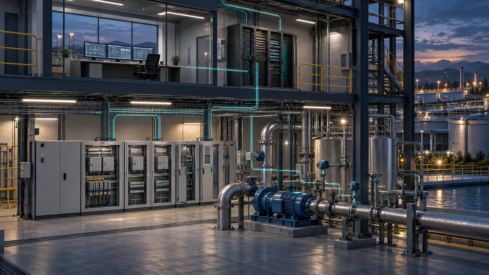Conceptual industrial facility with control cabinets, an engineering workstation, network equipment and a pump, connected by subtle communication paths.
