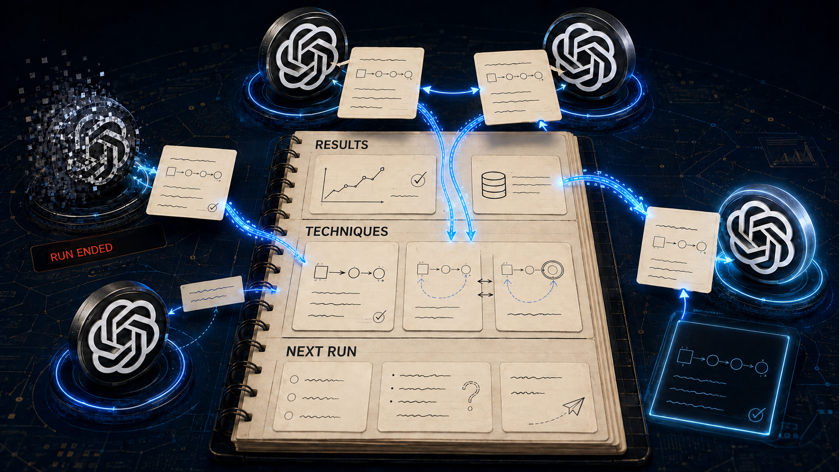 Conceptual illustration of OpenAI-marked agent tokens exchanging technique cards, preserving shared results, and passing those records to a later run.