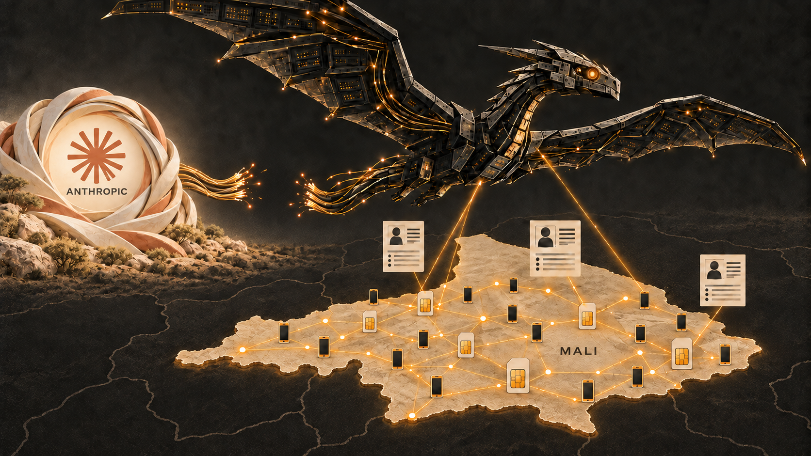 Conceptual illustration of a dark mechanical surveillance dragon disconnected from a pale Anthropic AI nest, flying above a stylized Mali map with mobile-network nodes and dossiers.