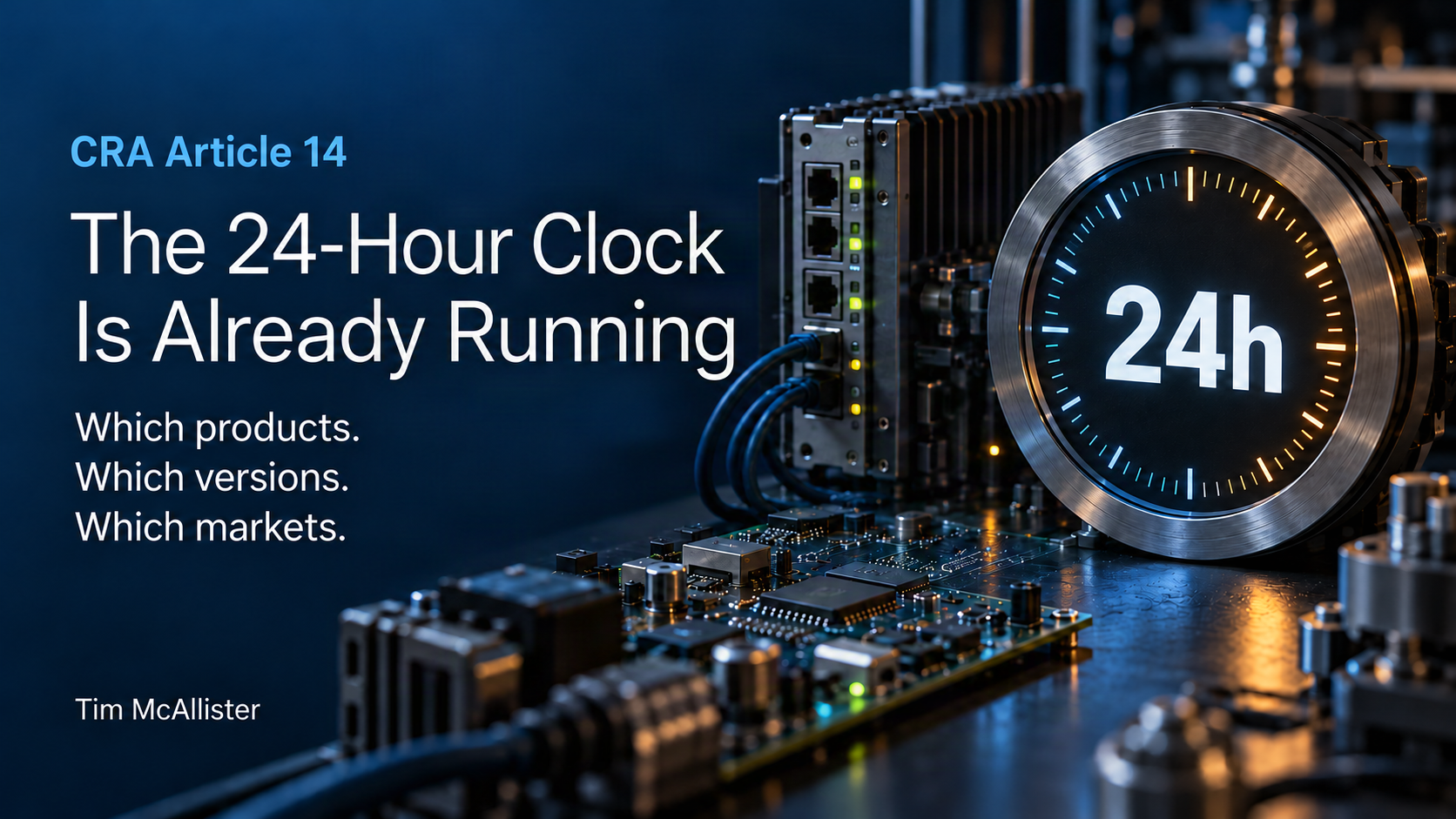 Connected industrial hardware beside an illuminated clock marked 24h; The 24-Hour Clock Is Already Running, by Tim McAllister
