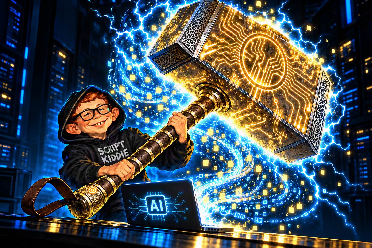 An Alfred E. Neuman-style fictional character in glasses and a SCRIPT KIDDIE hoodie holds an oversized gold AI hammer beside an AI-labeled laptop in a blue-lit server room.