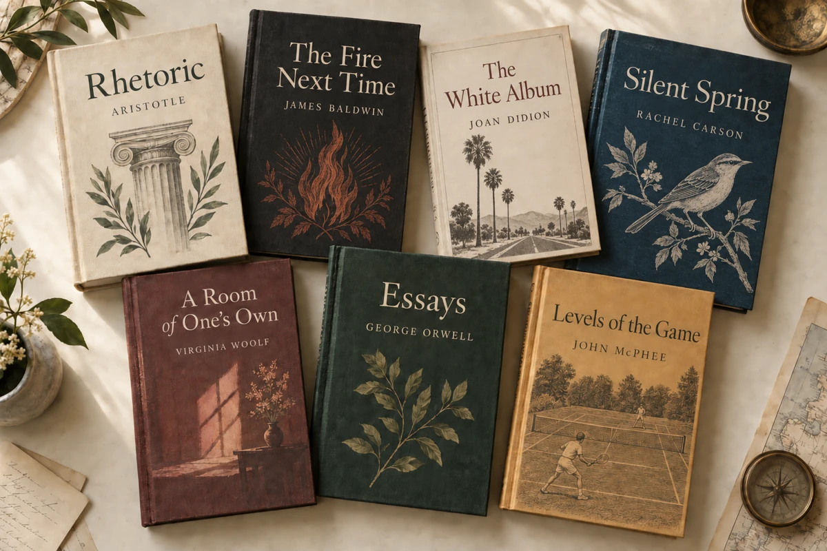 Imagined covers for nonfiction works by Aristotle, James Baldwin, Joan Didion, Rachel Carson, Virginia Woolf, George Orwell and John McPhee, arranged together on a tabletop.