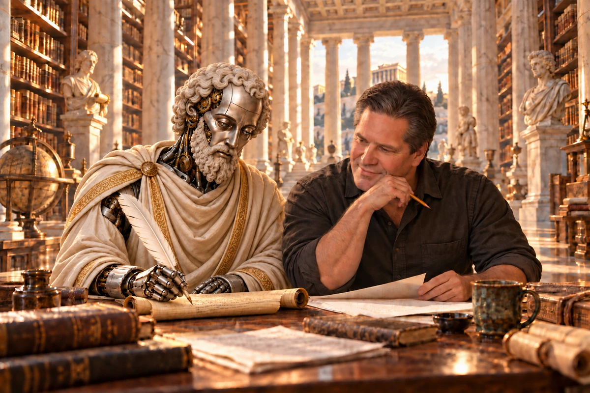 An AI-generated likeness of Tim McAllister collaborates with robot Aristotle, who has a silver face, marble-textured curls and beard, and a cream himation with a gold border, writing with a feather quill on papyrus in an imagined classical library.