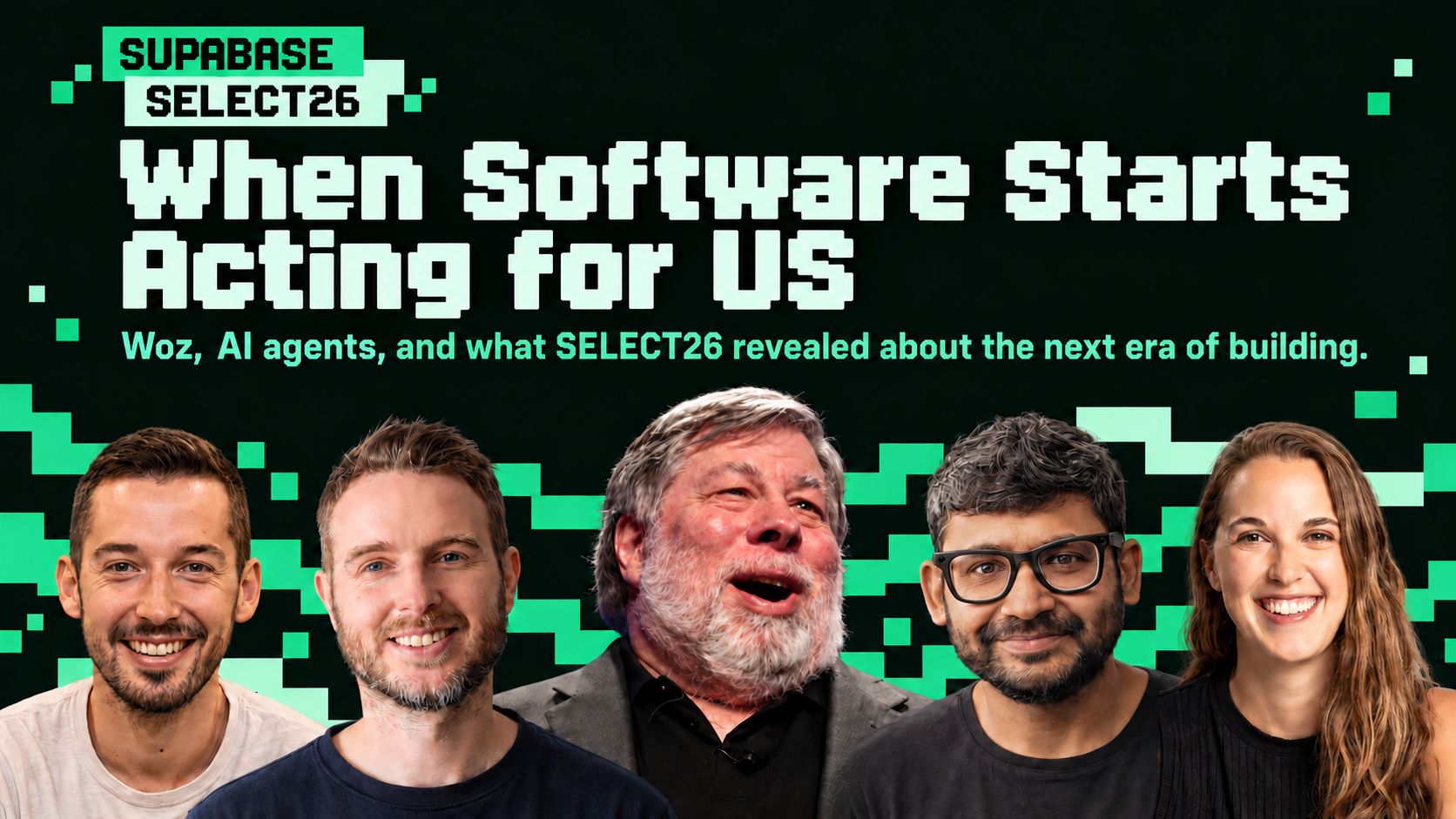 Article illustration generated from some of the SELECT26 speaker portraits. Left to right: Ant Wilson, Paul Copplestone, Steve Wozniak, Parag Agrawal and Katelyn Lesse.