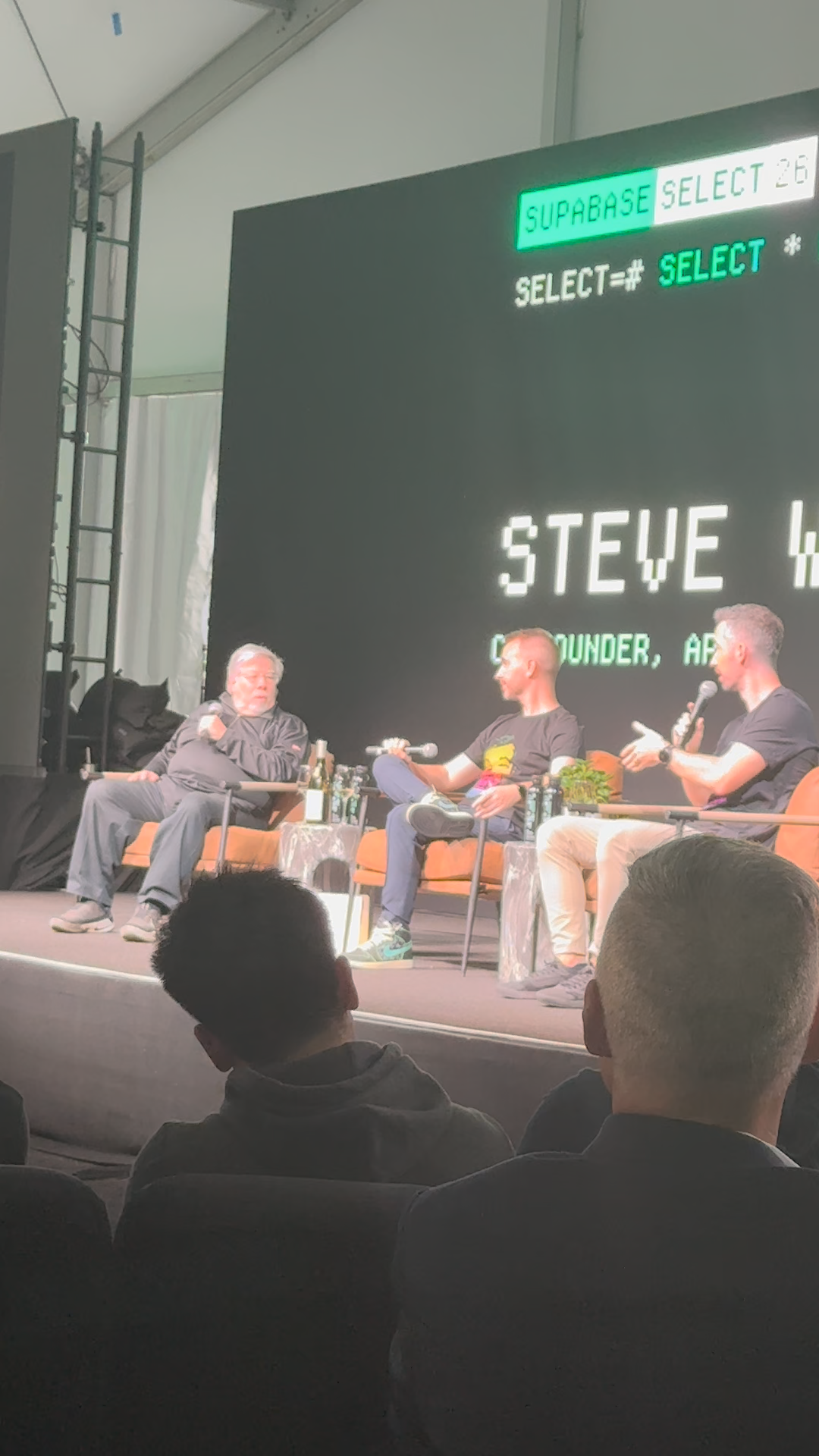 Steve Wozniak with Supabase co-founders Ant Wilson and Paul Copplestone at SELECT26. Still from Tim McAllister’s recording.