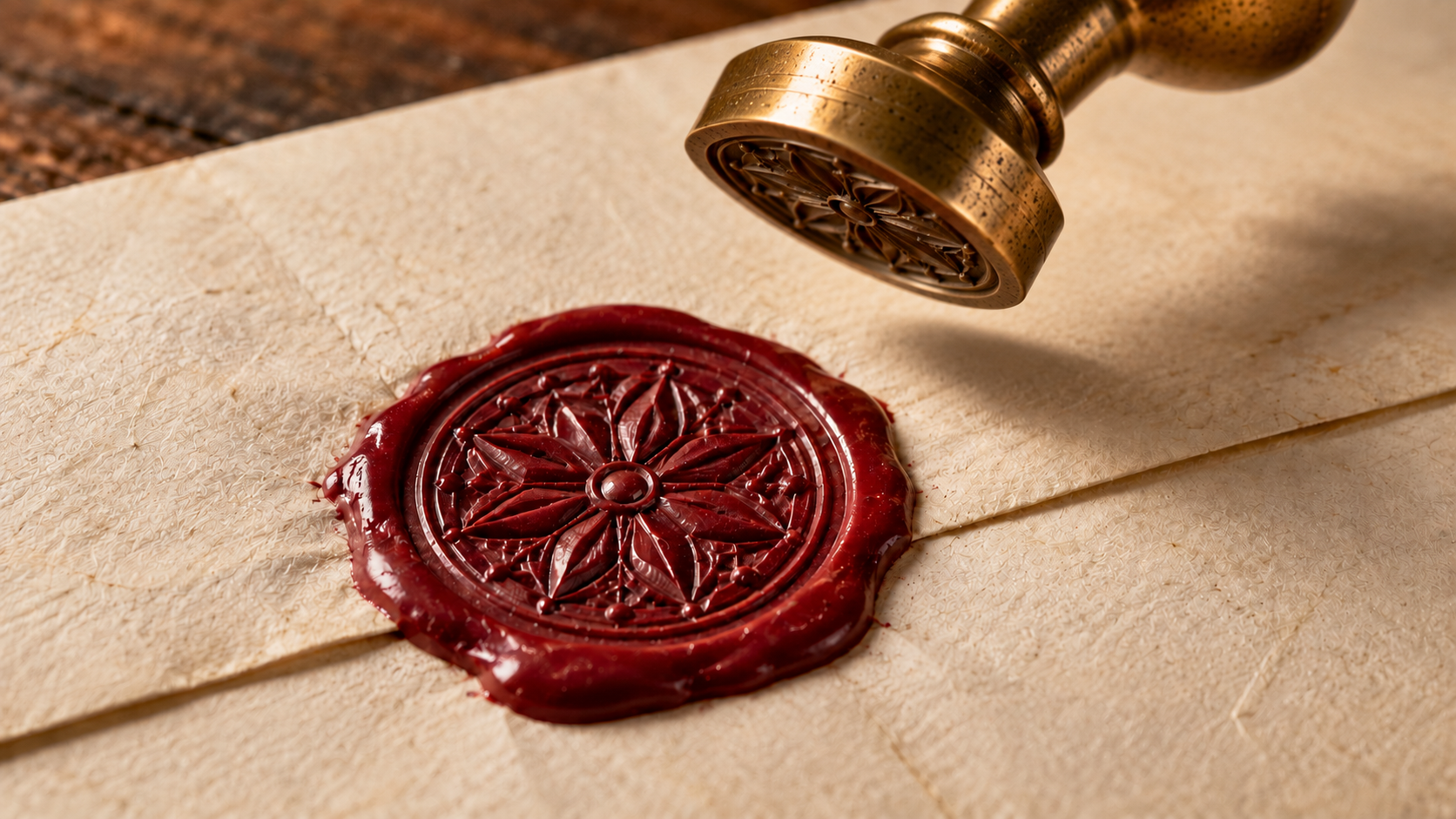 Illustration generated for this article: a seal matrix lifted above its wax impression on a folded letter.