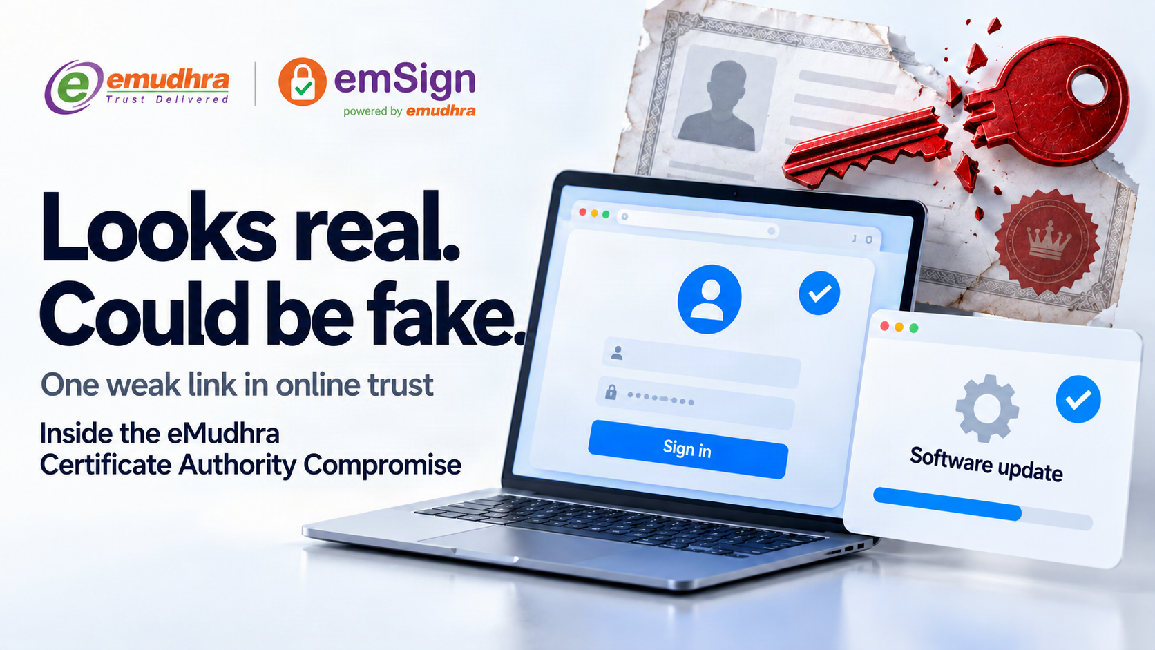 A laptop sign-in screen and software-update card show blue check marks beneath a broken red key. Large text reads Looks real. Could be fake. A smaller subtitle names the eMudhra CA compromise; small eMudhra and emSign logos identify the subject.