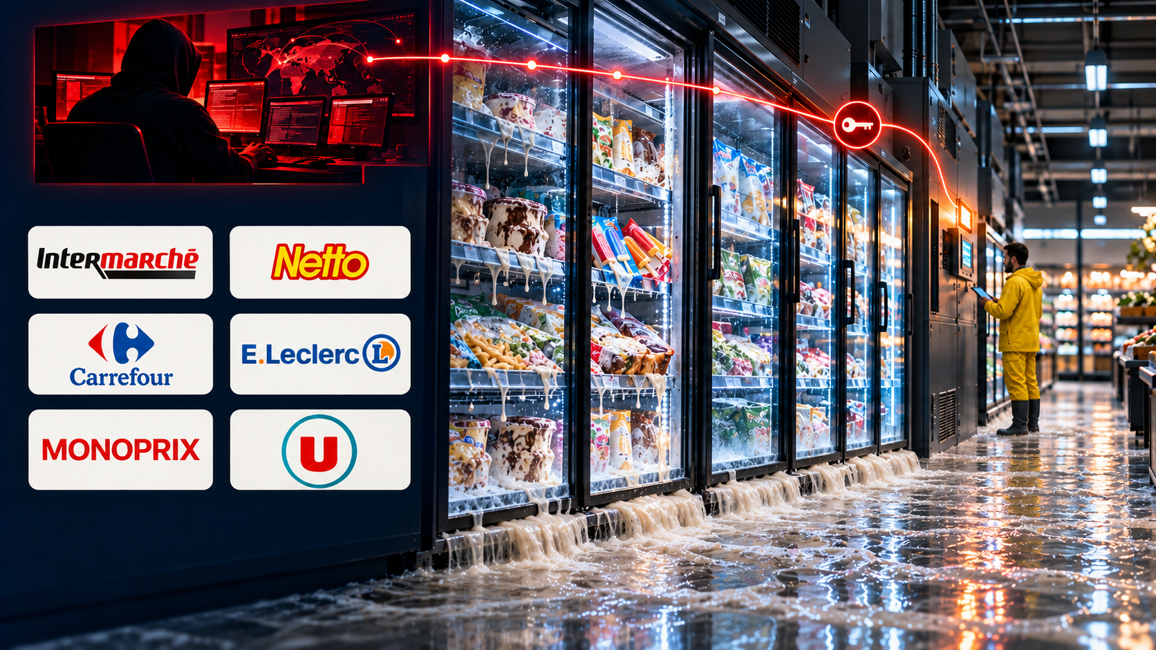 Editorial illustration of a remote attacker connected to supermarket refrigeration controls, fluid overflowing beneath closed cabinet doors and down the aisle, and a worker in a yellow rain suit and boots, with logos of six reported affected chains.